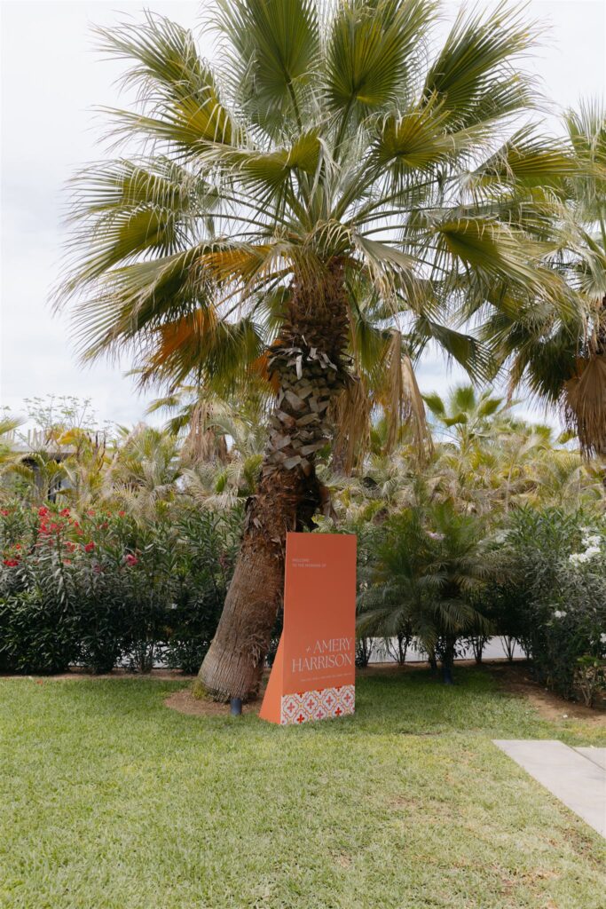 large palm tree with wedding sign leaned up against it for an acre cabo wedding