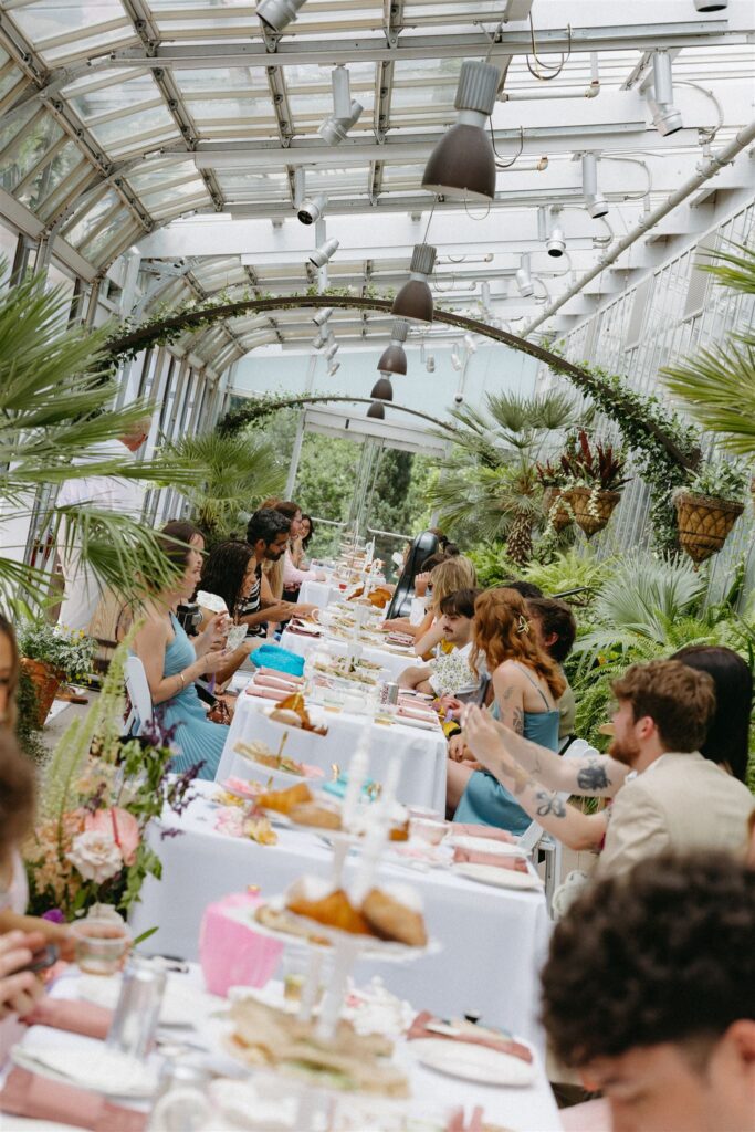 Guests mingle at Denver Botanic Gardens wedding 