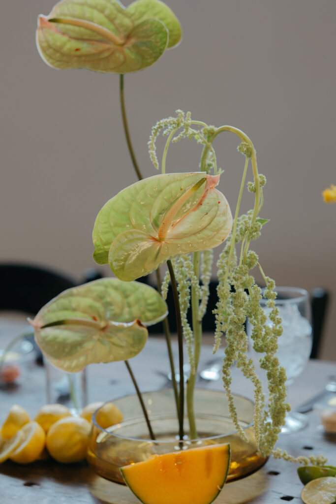 fruit and floral center pieces of art gallery wedding
