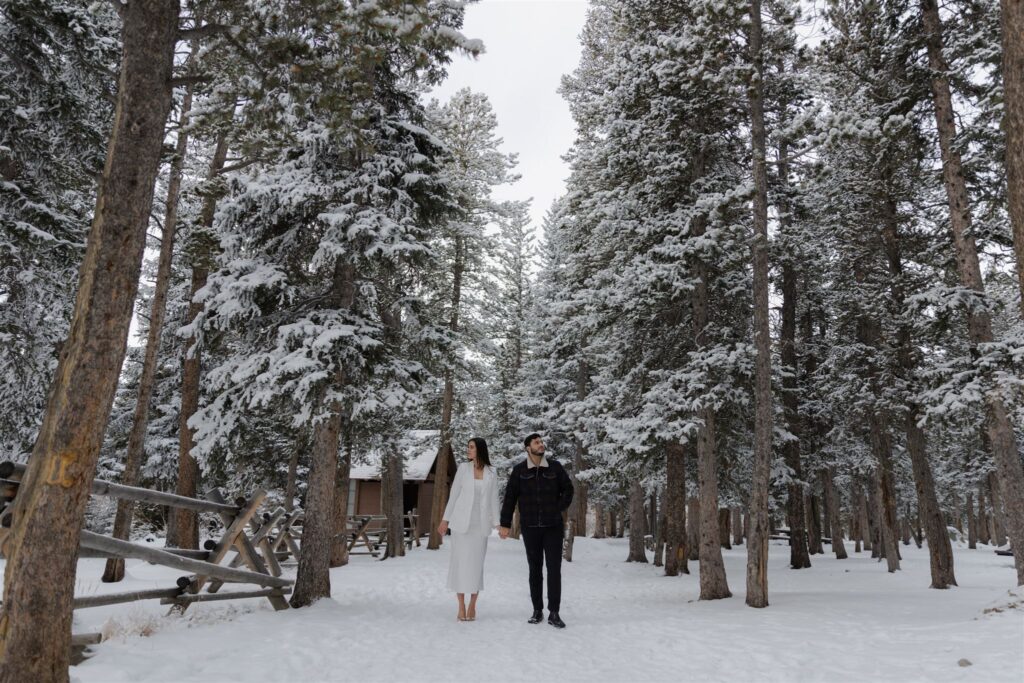 Couple standing in snow covered trees along pathway looking opposite ways during Colorado engagement photos