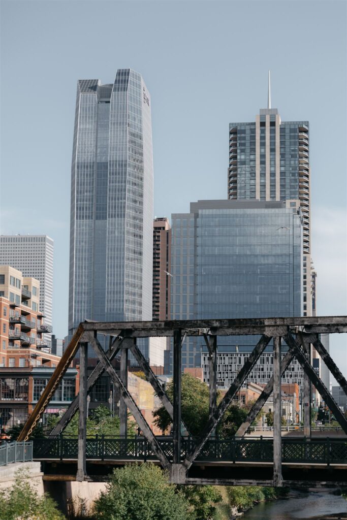 Tall buildings in downtown Denver with a bridge at Coohills, a restaurant and downtown wedding venue