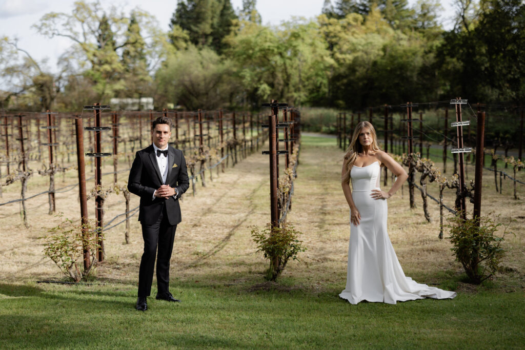 Vineyard sunset photos of bride and groom at the Estate Yountville