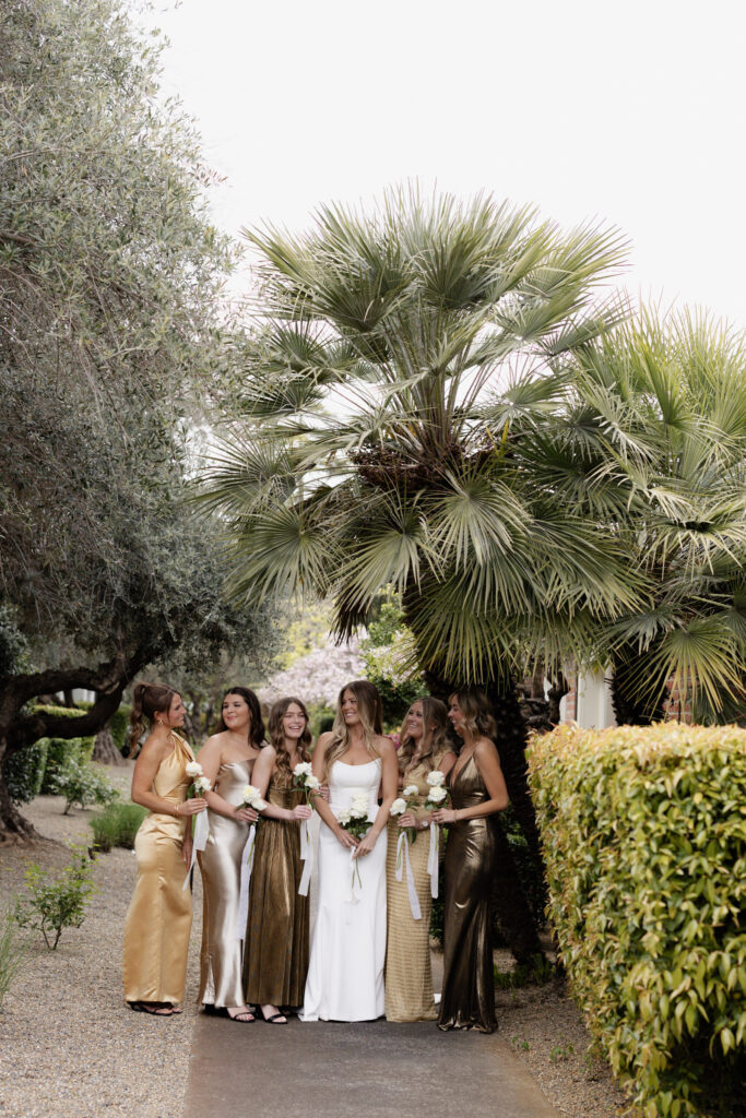 Wedding party standing under palm tree at the Estate Yountville during wedding photos