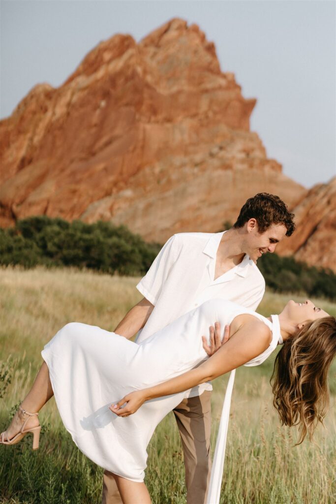 Couple dancing during Denver engagement photos