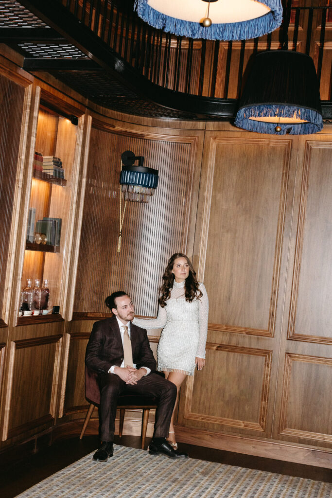 Couple posing for direct flash photos after Piney River Ranch elopement