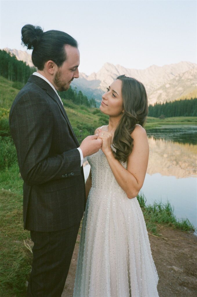 Couple embraces during Colorado elopement at Piney River Ranch