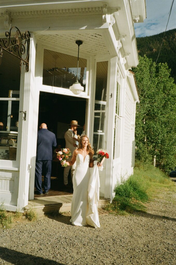 Candid moment of bride during Colorado elopement 